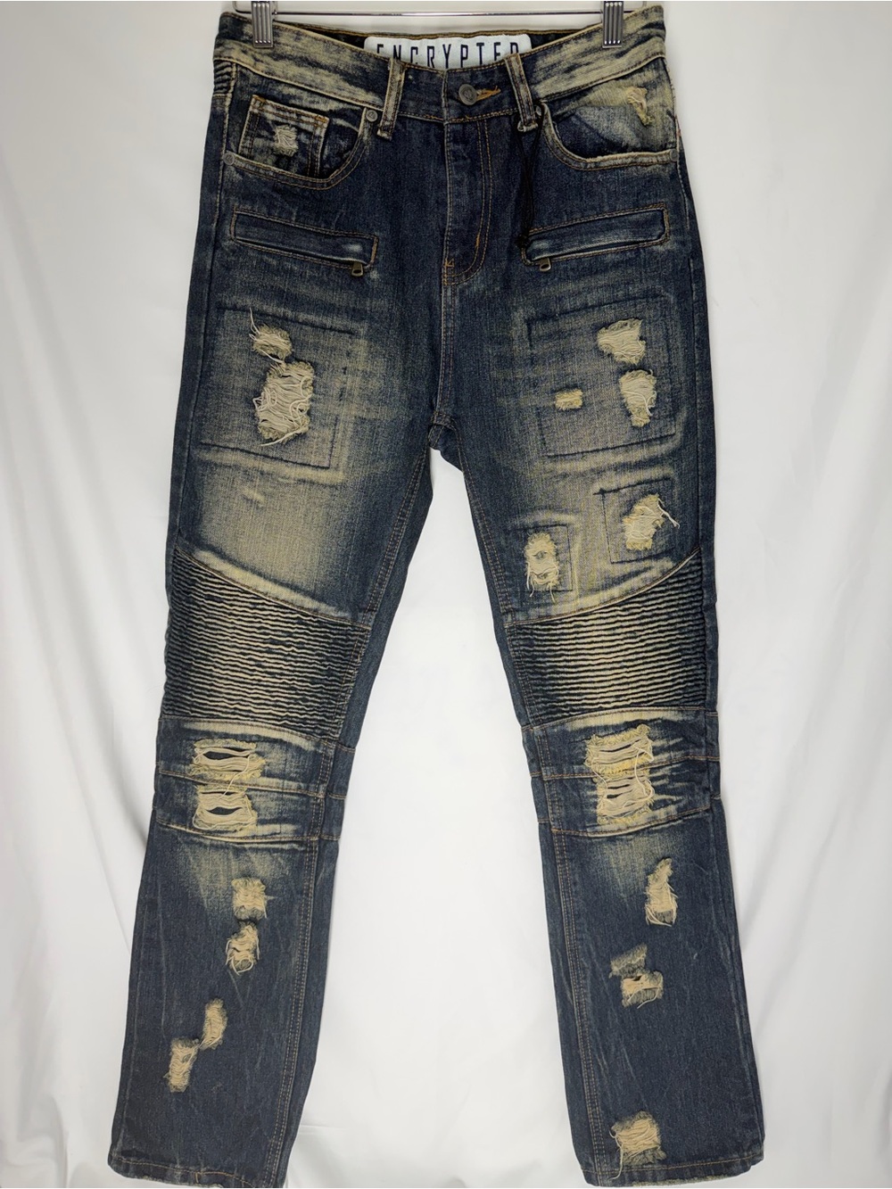 Encrypted Supply Co Mens Moto Biker Jeans Distressed Bleach Tint Denim Size 30